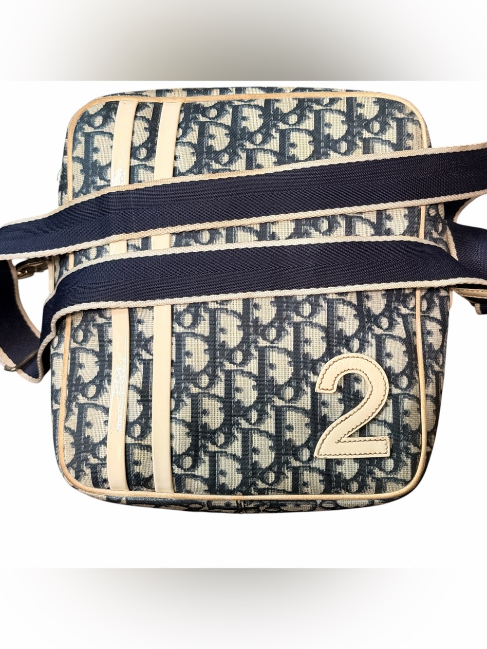 Dior Navy and Cream Canvas Shoulder Bag with '2' Patch